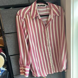 Zara Top Pink and Cream Satin Striped Blouse